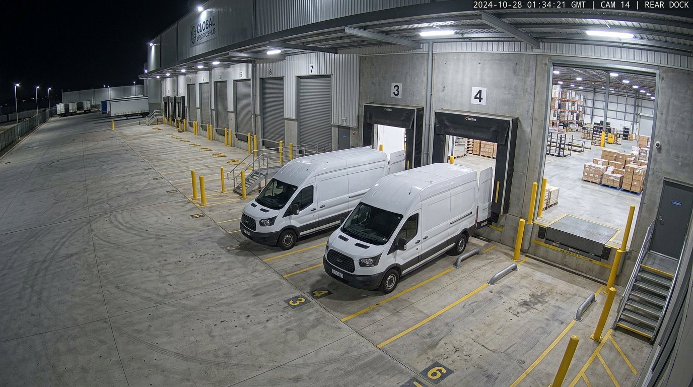 Zone logistique et véhicules utilitaires vus par une caméra de supervision