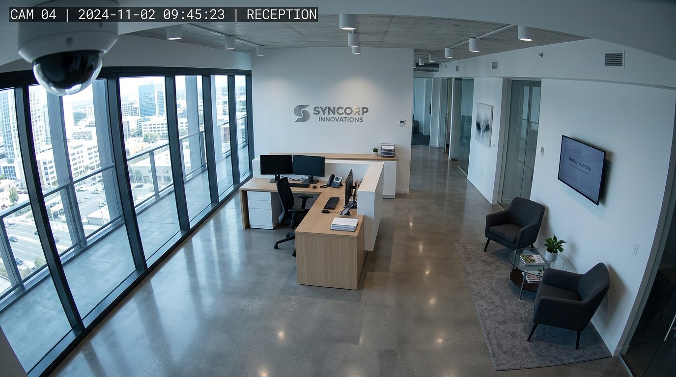 Hall de réception d'entreprise vu par une caméra de vidéosurveillance