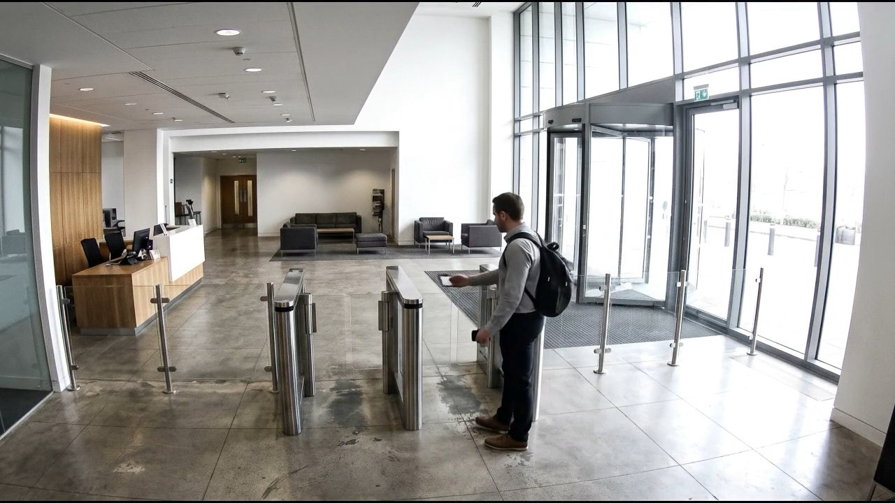 Collaborateur franchissant un tourniquet de contrôle d'accès dans un hall d'entreprise