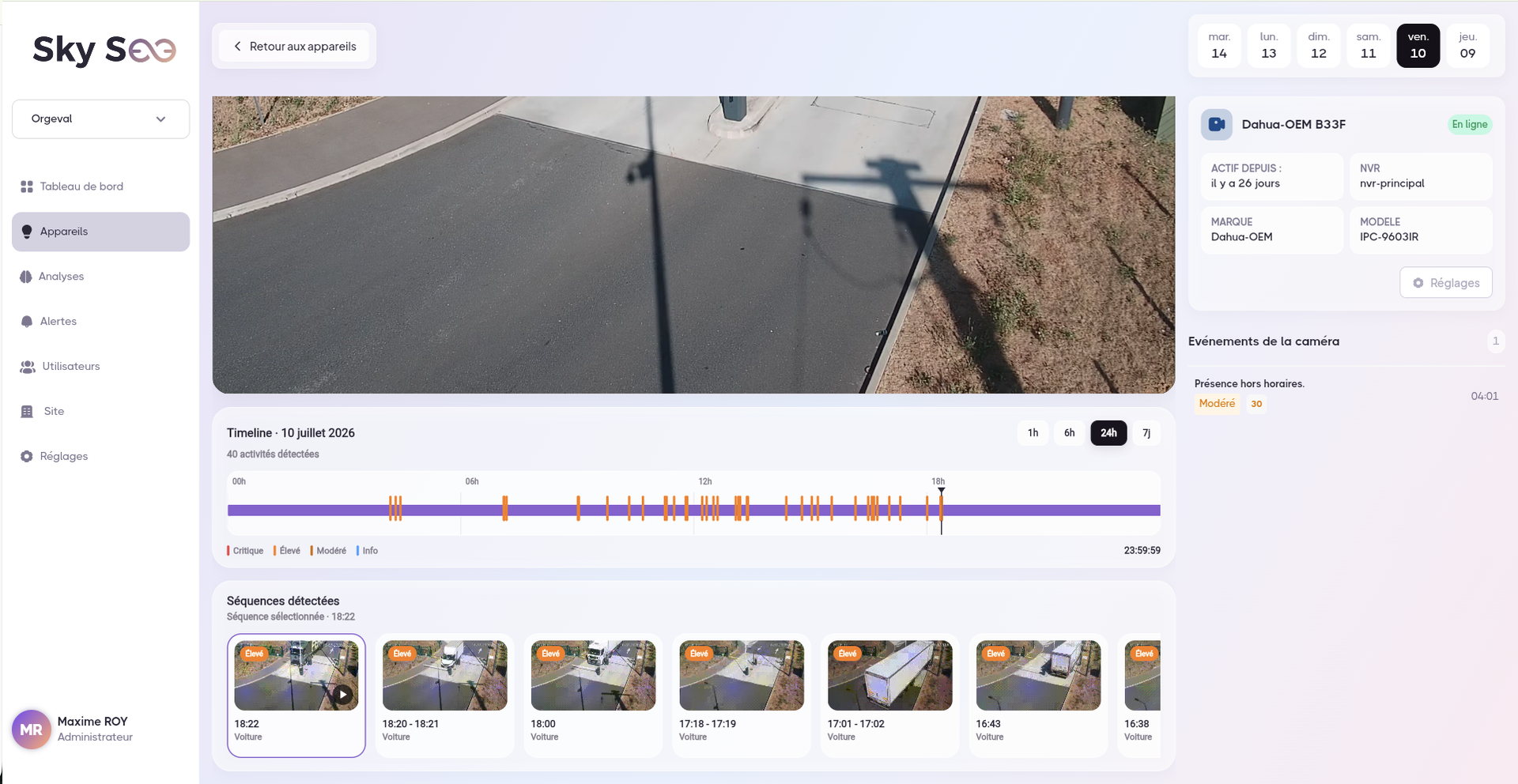 Interface Sky See : timeline vidéo avec événements horodatés